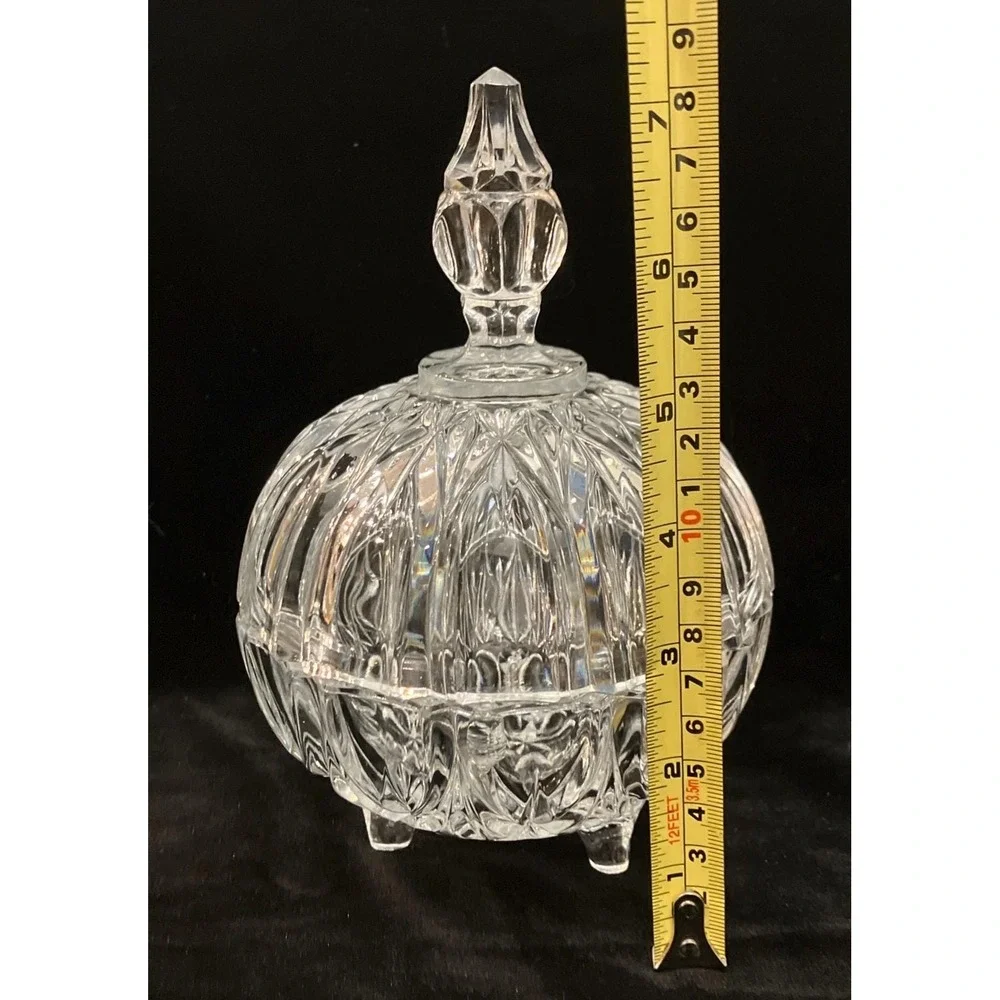Vintage Footed Crystal Clear Cut Glass Candy Dish Bowl W/ Finial Lid 8